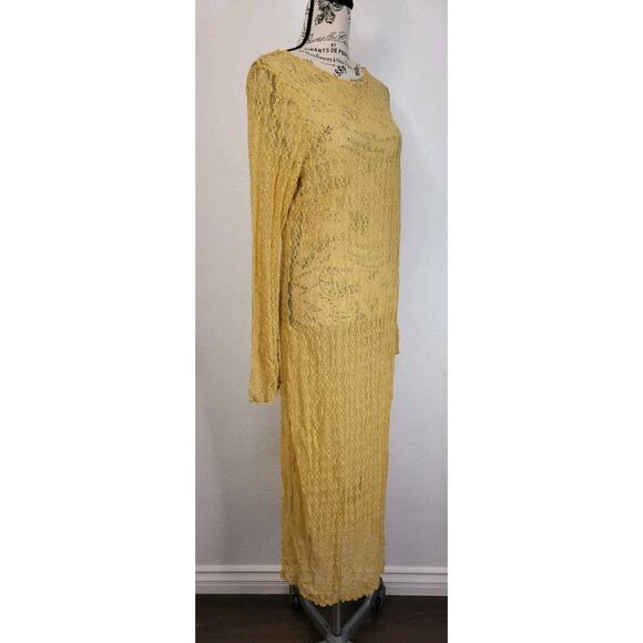 H&M Slip Maxi Dress Sz L/XL Prints Lace Mesh Sheer Yellow Long Sleeves Whimsycal - Picture 4 of 11